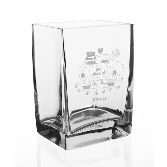 persönliche Vase mit Hochzeitsauto, Wunschnamen und Wunschdatum graviert