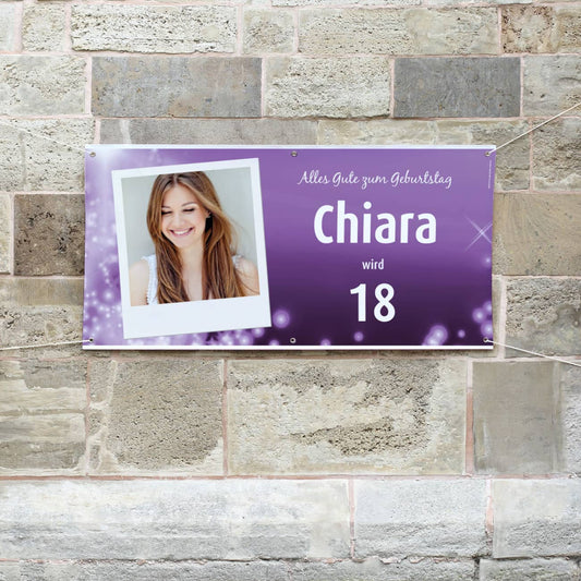 Polaroid-Fotobanner zum Geburtstag in violett mit Name und Alter