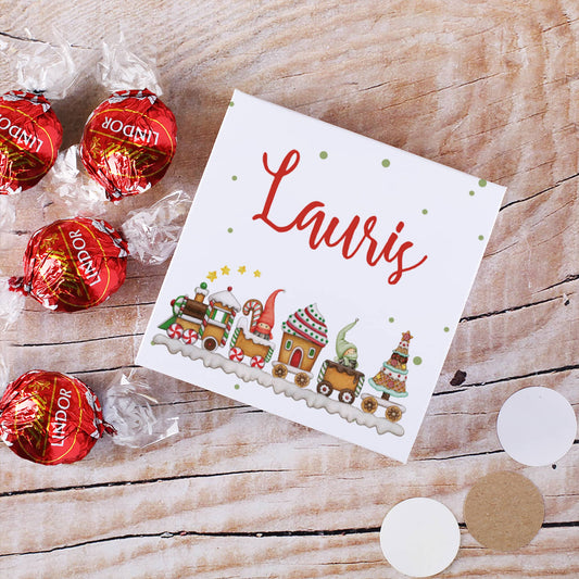 4 Lindorkugeln in Geschenkverpackung mit Wichtel Weihnachtszug Motiv ubd Name