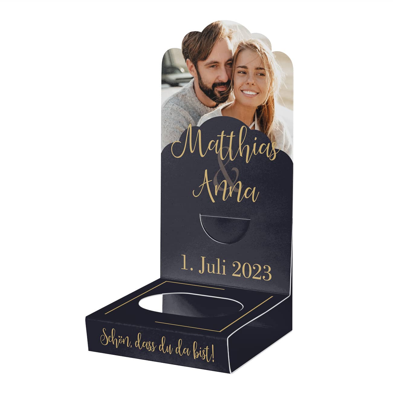 Romantischer und edler Faltaufsteller zur Hochzeit "Schön, dass du da bist" mit Foto, Namen und Datum