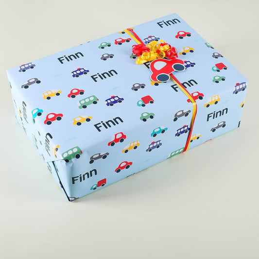 Geschenkpapier für Kinder mit Autos und Wunschname