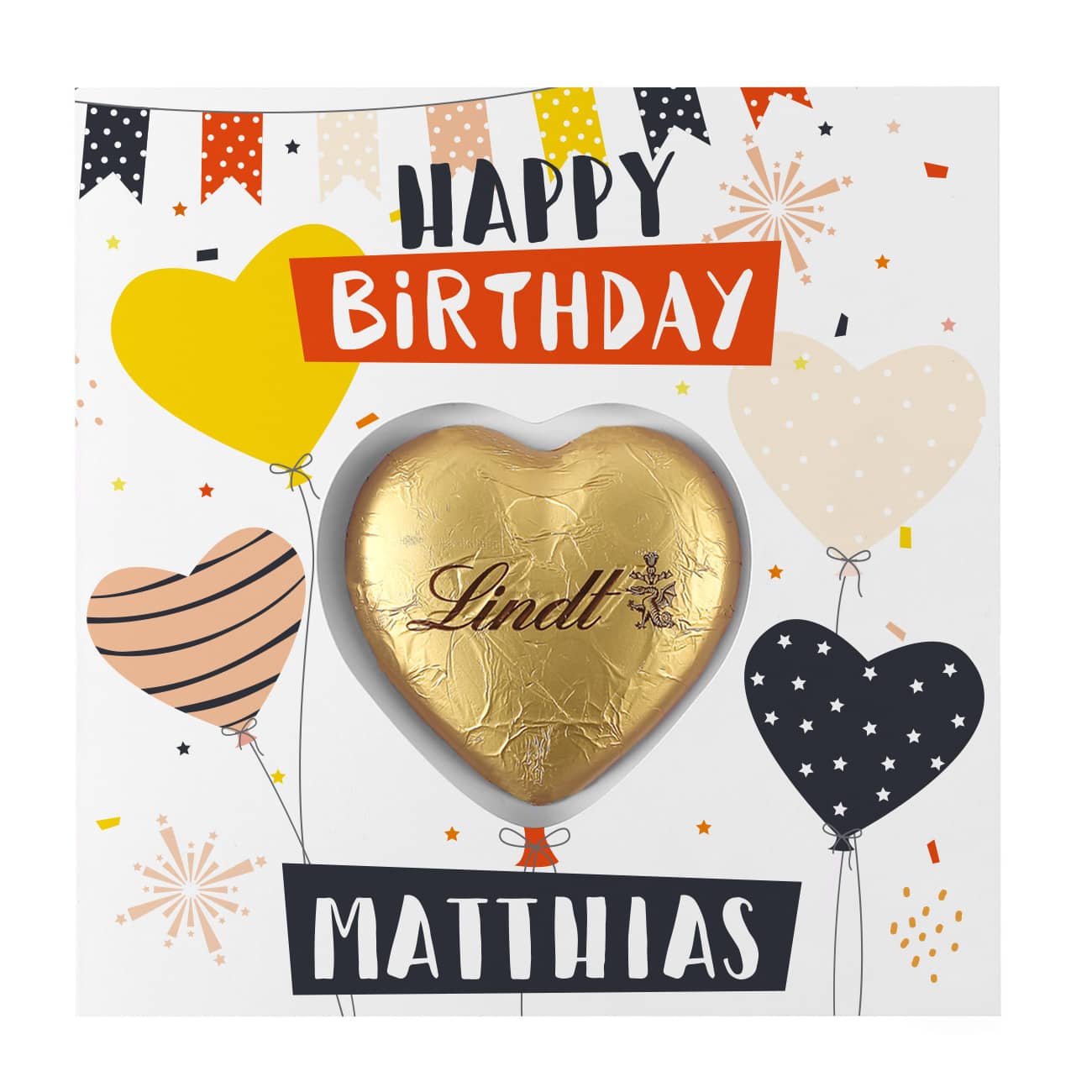 Happy Birthday - Geburtstagskarte mit Lindt-Schokoladenherz und Ihrem Wunschnamen