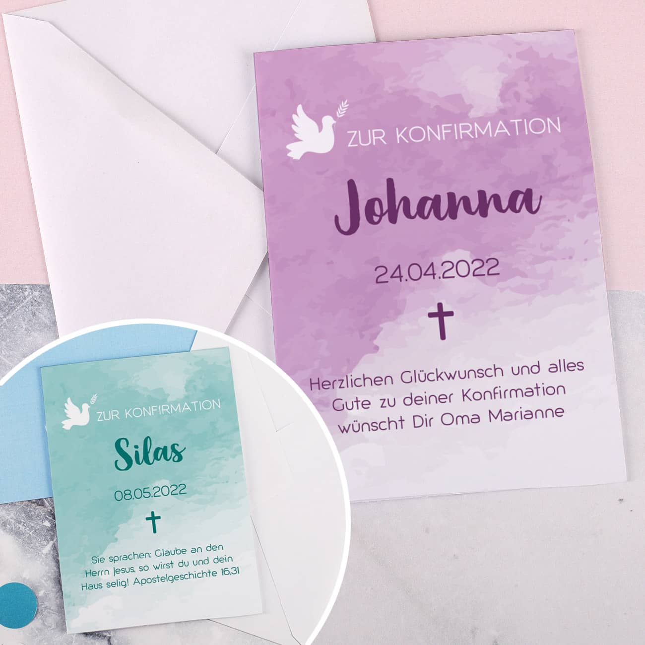 Klappkarte zur Konfirmation mit Watercolor-Optik und persönlichen Aufdruck in lila oder türkis