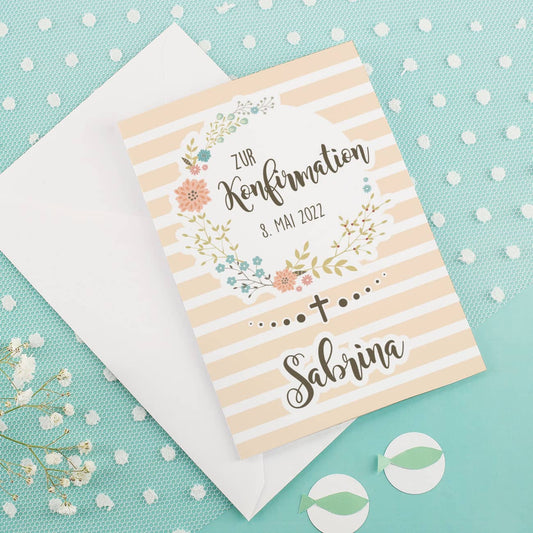 Tolle Konfirmationskarte mit Blumenkranz, Name und Datum