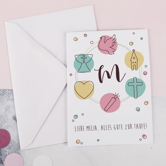 Karte für verschiedene kirchliche Anlässe mit bunten Symbolen, Initiale und Wunschtext