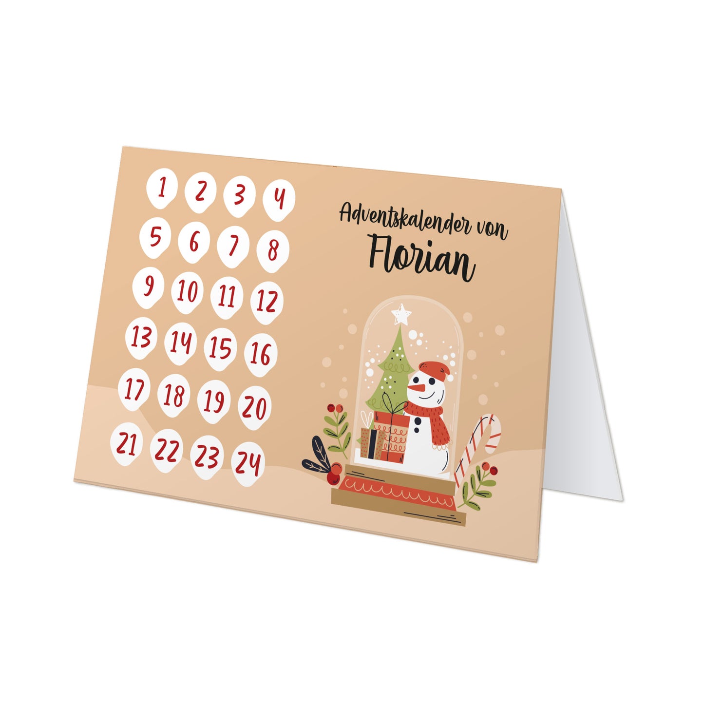 Adventskalender to go Klappkarte mit Schneemann-Illustration und 24 nummerierten Feldern, personalisiert