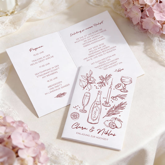 Farbauswahl der personalisierten Hochzeitseinladung als Klappkarte mit mediterranem Motiv, verschiedene Druckfarben als Punkte dargestellt