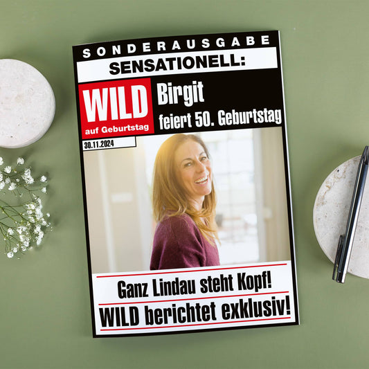 Wild auf Geburtstag Klappkarte im Zeitungsdesign mit Personalisierung