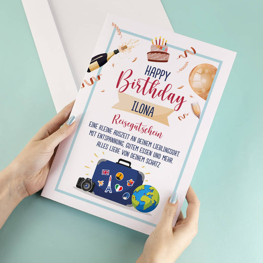 Große Geburtstagskarte als Reisegutschein mit Name und Wunschtextzeilen