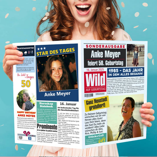 A4 Klappkarte Geburtstagszeitung mit Ihren Fotos und individuellem Text