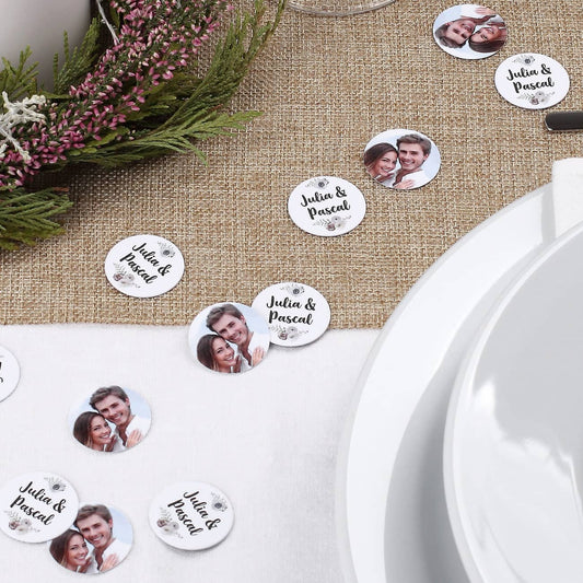 Fotokonfetti mit Namen, Foto und Blütenmotiv