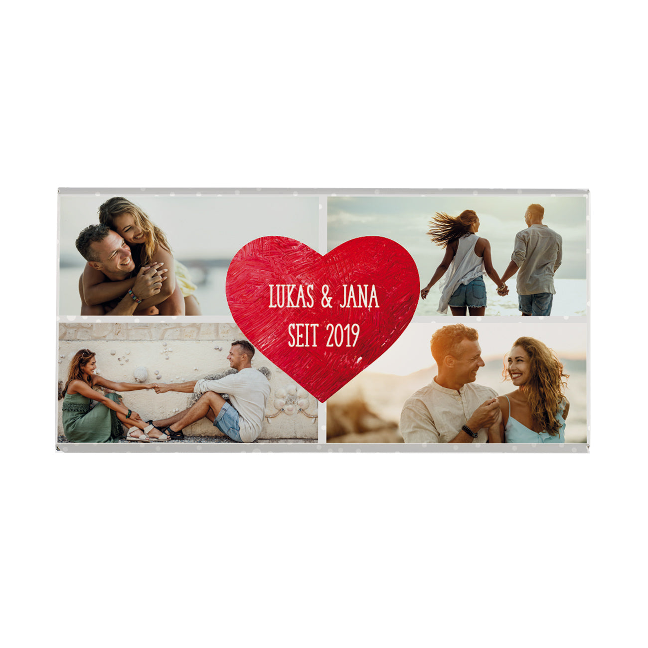 Schokolade zum Valentinstag mit vier Fotos und Wunschtext im Herz