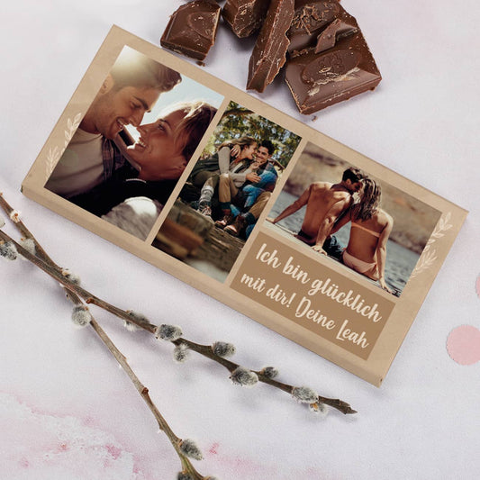 Foto Schokolade mit 3 Bildern und zwei Zeilen Wunschtext