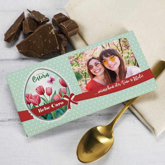 Osterschokolade mit Foto, Wunschtext & Name | Tulpenmotiv