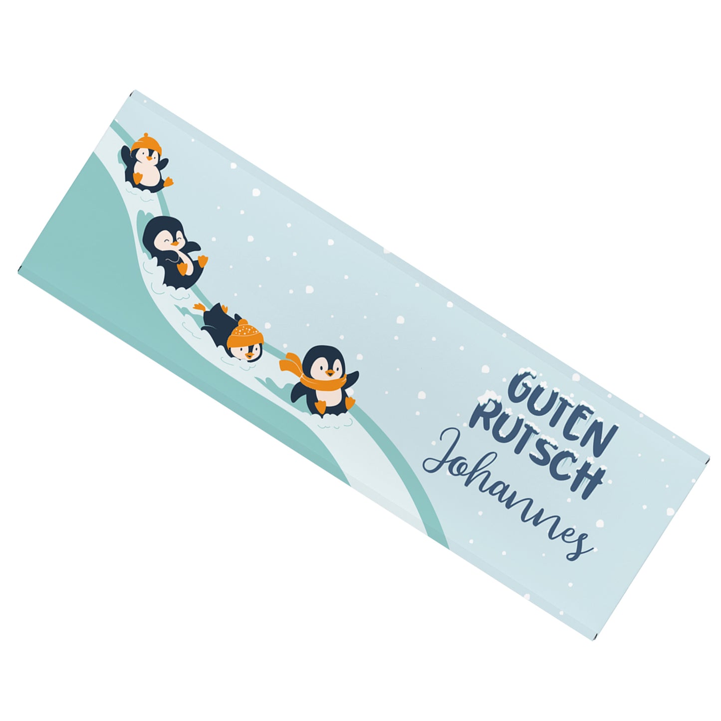 Freigestellte Schokoladentafel mit winterlichem Pinguin-Motiv und personalisiertem Namen – süße Neujahrsgruß-Schokolade.