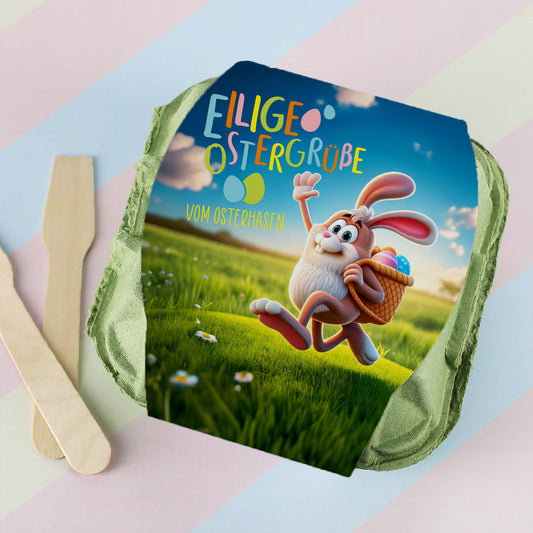 Schokoeier "Eilige Ostergrüße" in personalisiertem Eierkarton mit Wunschtext