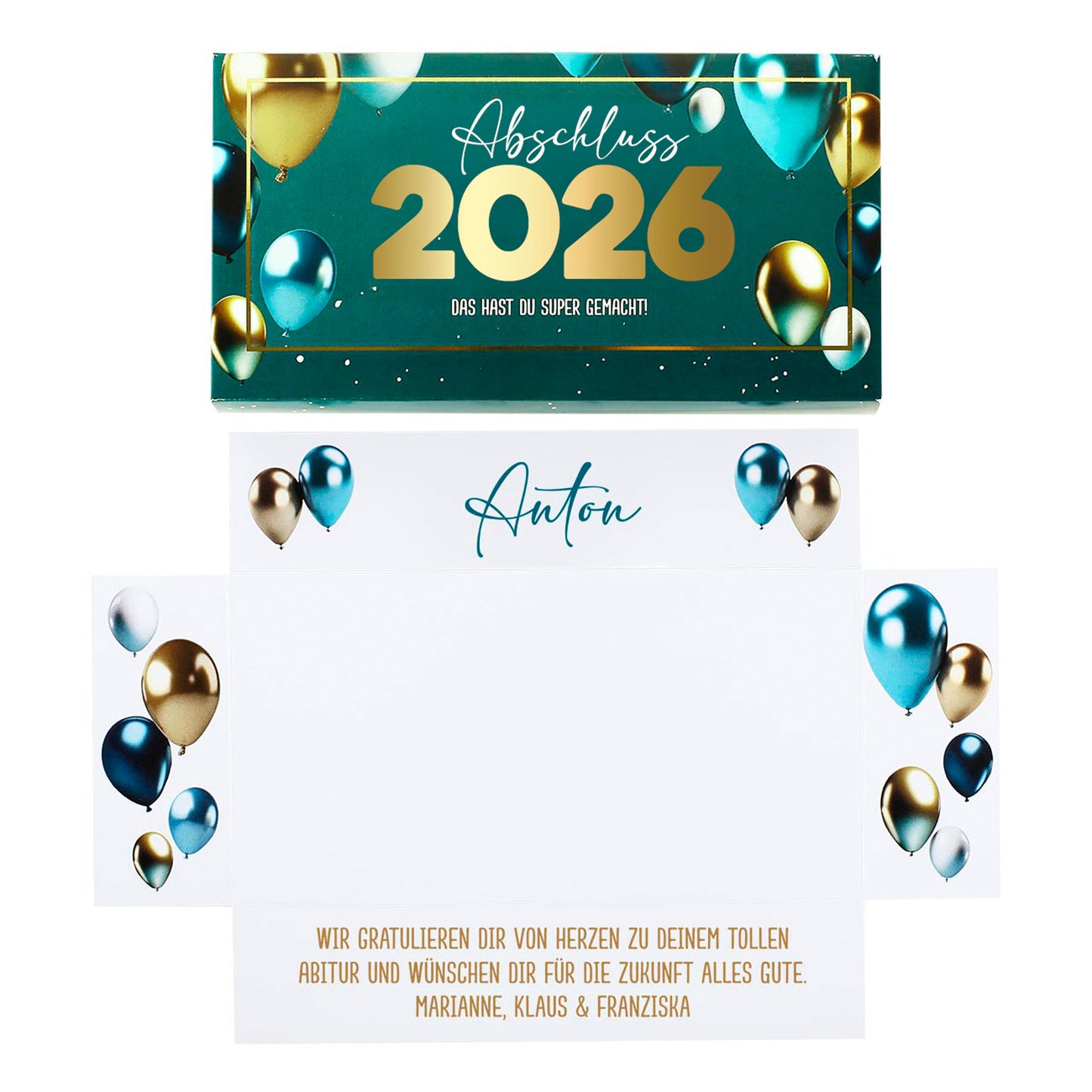 Freigestelltes Geldgeschenk zum Abitur 2024 - edle Box mit Goldprägung, Name & Wunschtext