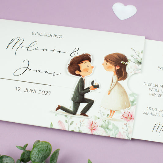 Detailansicht Ziehkarte Hochzeit – Kniefigur mit Ring und floralen Elementen