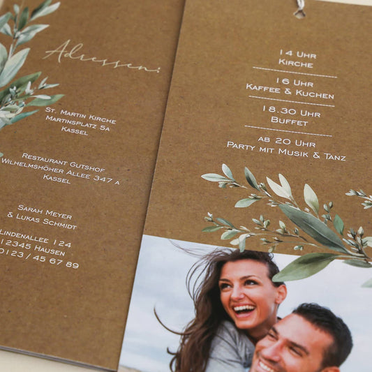 Hochzeitseinladung Ziehkarte in Kraftpapier-Optik mit Olivenzweig