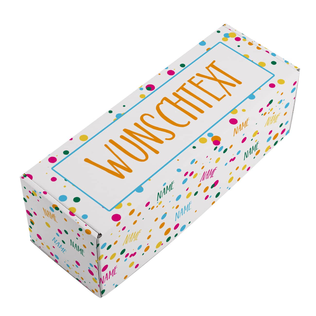 Geschenkbox mit Konfetti, Name und Wunschtext