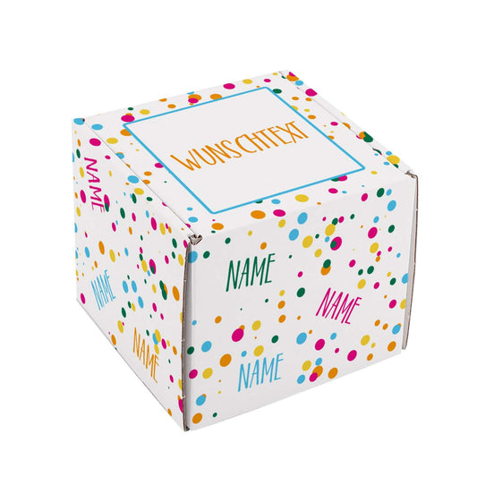 Kleiner Geschenkkarton mit Konfetti, Name und Wunschtext