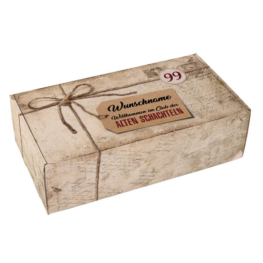 Geschenkkarton zum Geburtstag für alte Schachteln umlaufend im Aussehen einer verschnürten alten Schachtel bedruckt
