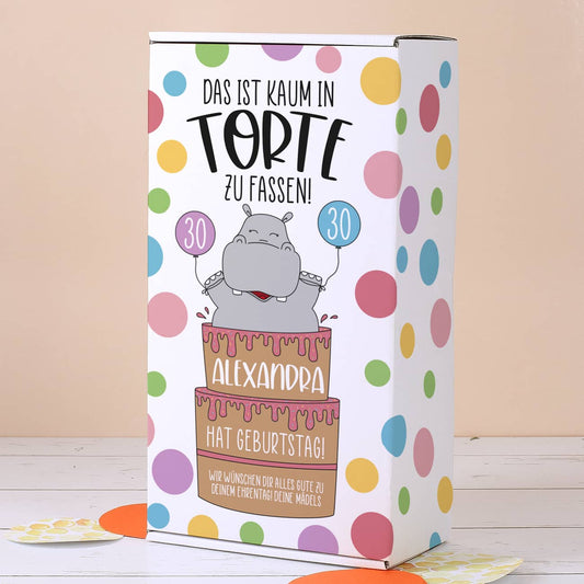 Geschenkbox mit Nilpferd und Konfetti Motiv zum Geburtstag