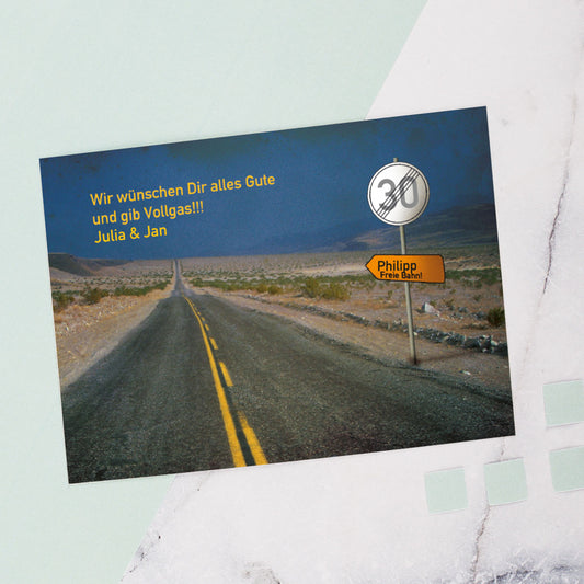 Geburtstagspostkarte - Freie Bahn - mit Name und Alter im Verkehrsschild