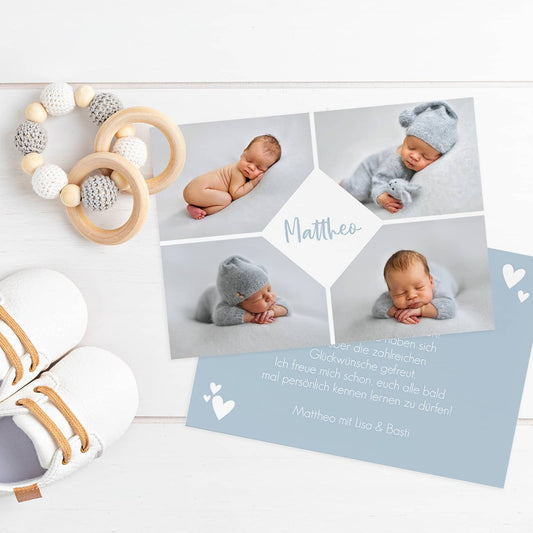 Dankeskarte zur Geburt mit 4 Bildern, Daten & Text