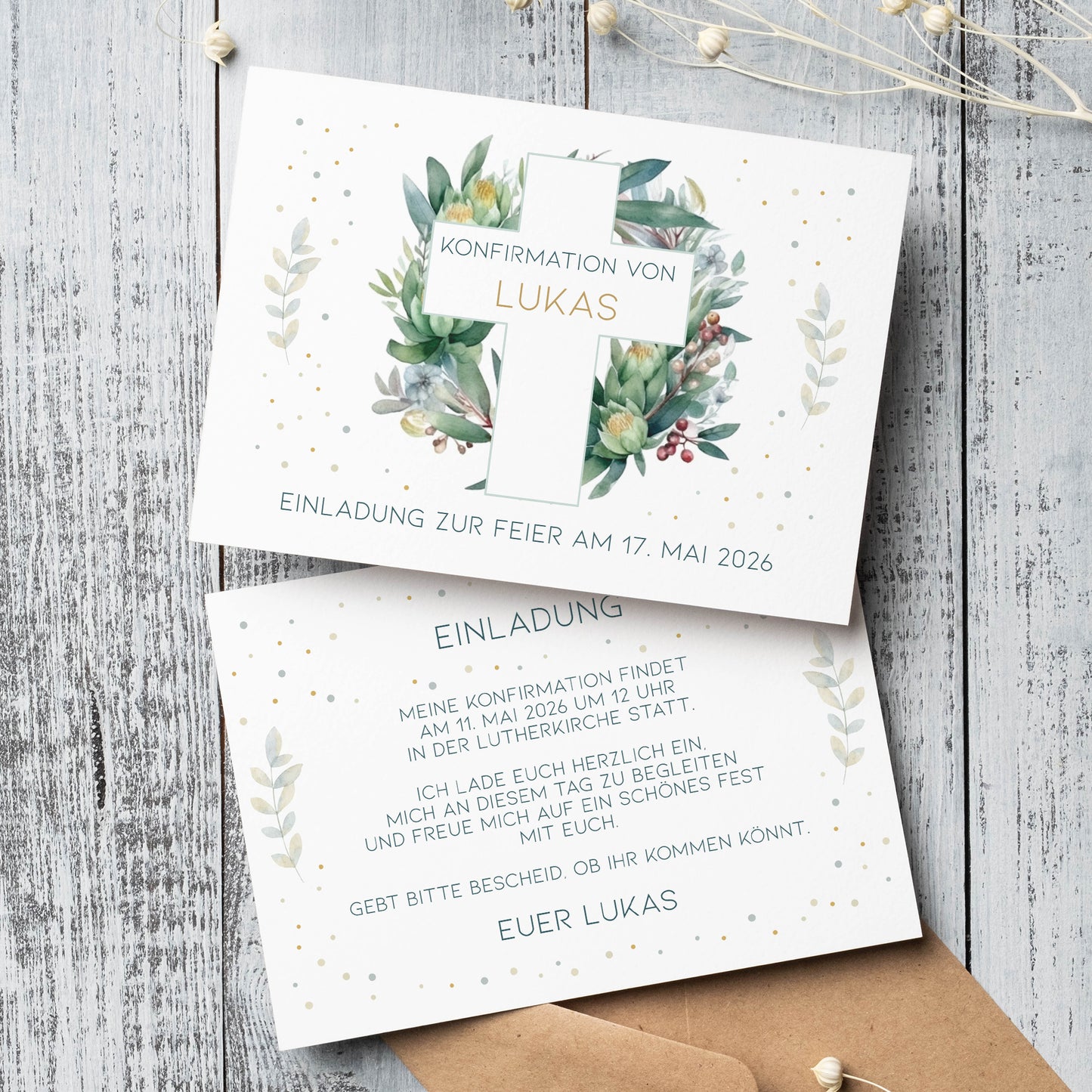 Einladungskarte zur Konfirmation, Kommunion, Taufe mit Wunschdaten | Kreuz & Blätterkranz