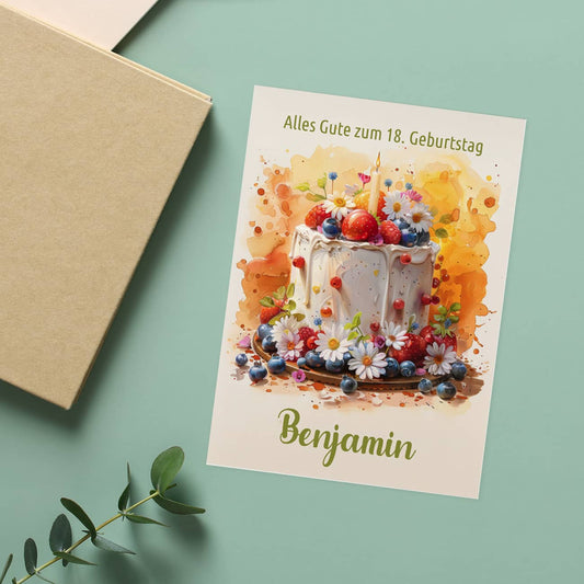 Glückwunschkarte zum Geburtstag mit Torte, Name & Wunschtext