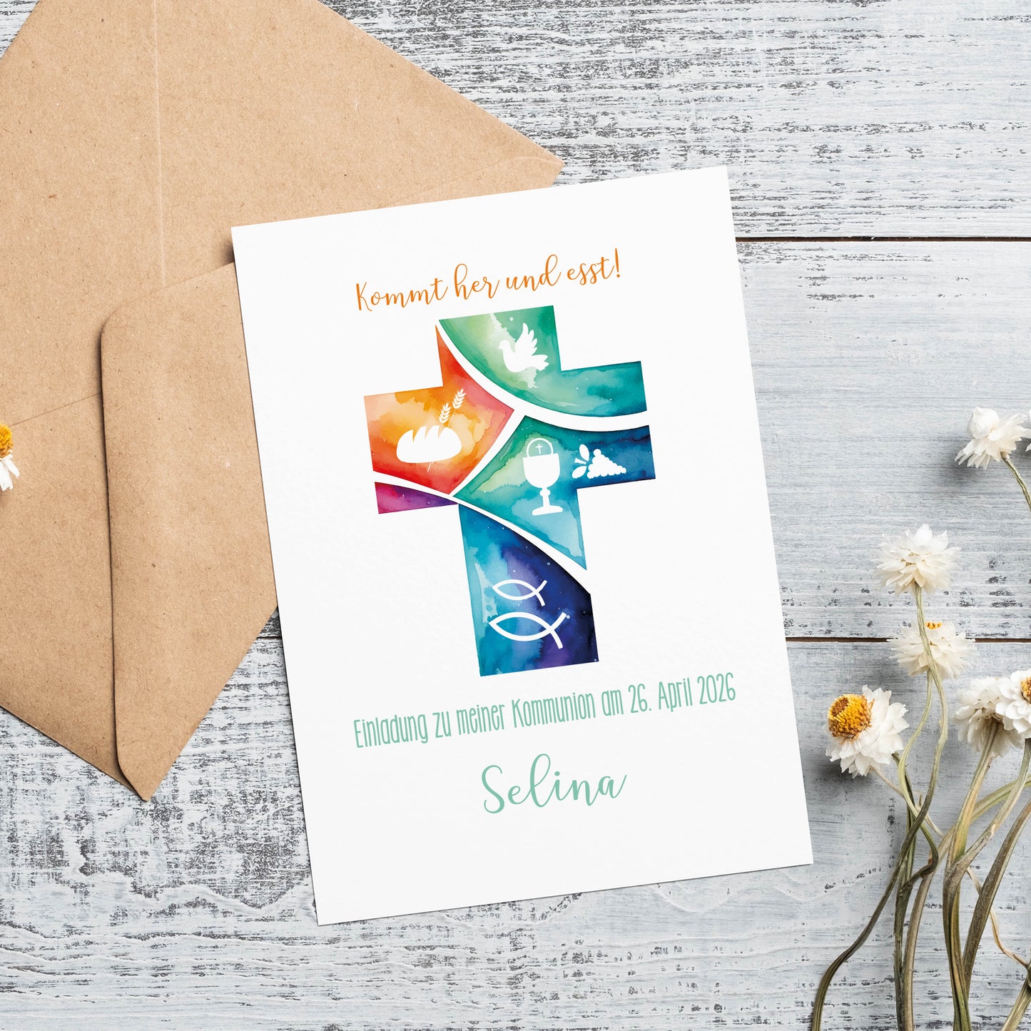 Einladungskarte zur Konfirmation & Kommunion mit Foto und Wunschdaten | Kommt her und esst!