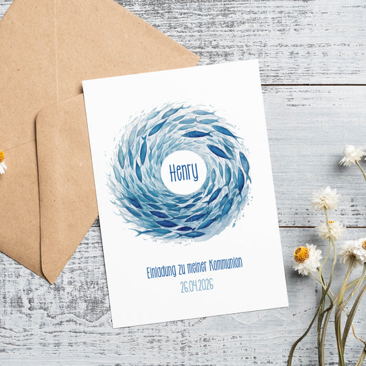 Einladungskarte zur Konfirmation, Kommunion, Taufe mit Wunschdaten | Fische Ichthys