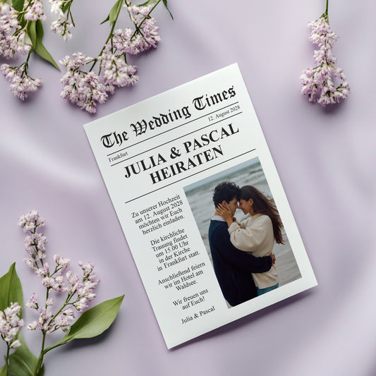 Vorderseite der Hochzeitseinladung „The Wedding Times“ mit großer Überschrift, Foto und Einladungstext im Zeitungslayout