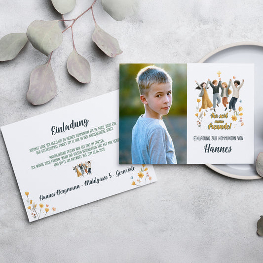Kommunion Einladungskarte A6 mit Foto und Name – Motiv „Ihr seid meine Freunde“ im floralen Design
