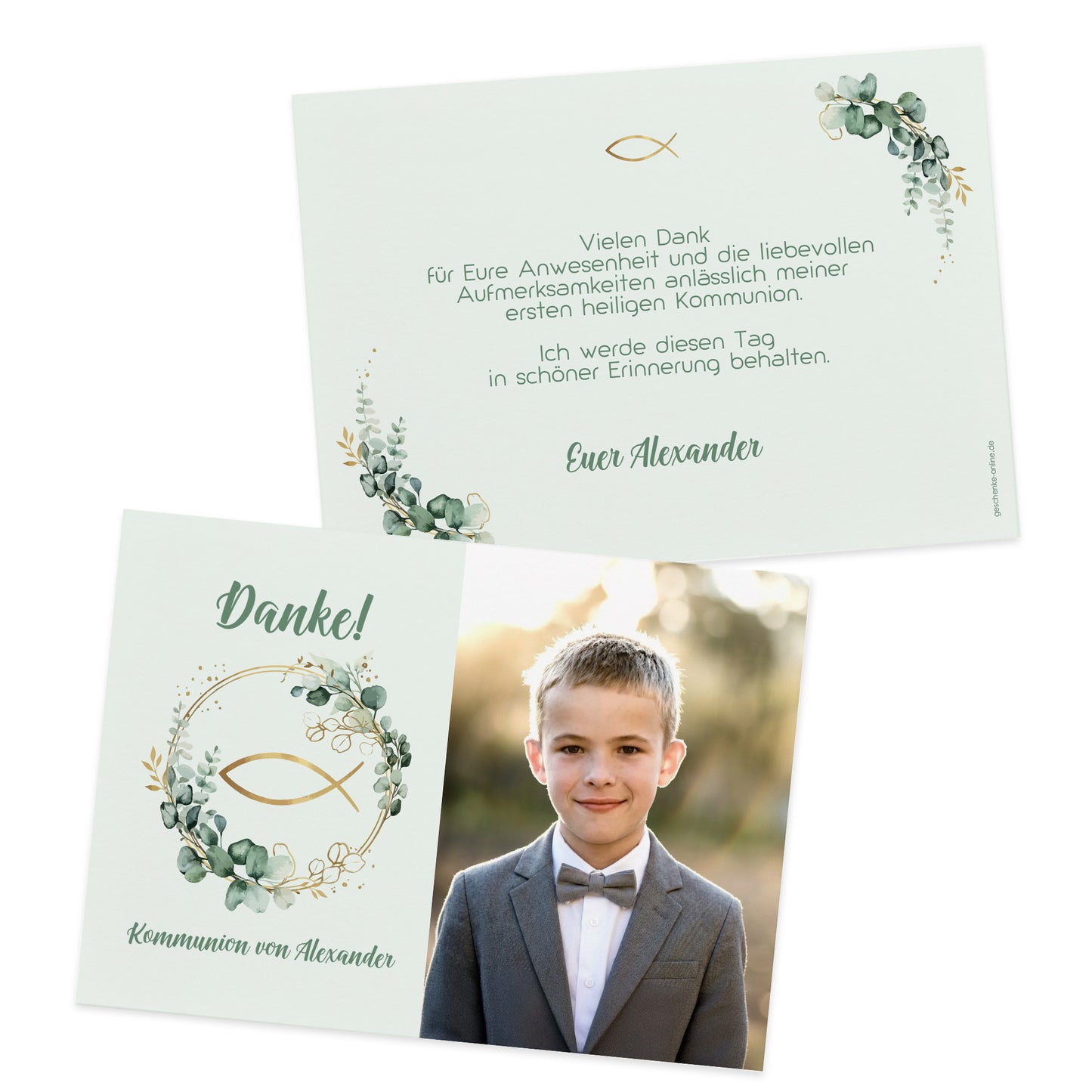 Personalisierte Dankeskarte zur Kommunion mit Ichthys Fisch im Eukalyptuskranz und Name, Vorderseite im grünen Aquarell-Design