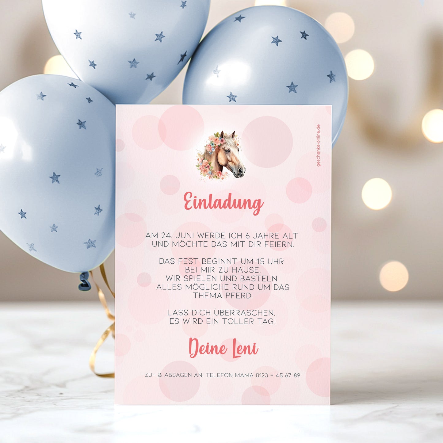 Personalisierte Einladungskarte zum Kindergeburtstag | Pferdemotiv mit Blumen