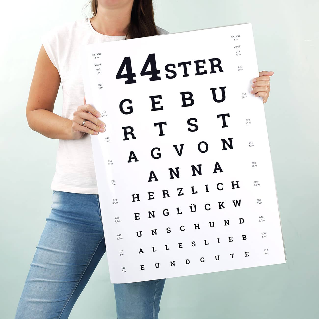 XXL Geburtstagskarte Sehtest bedruckt mit Buchstaben Name und Alter