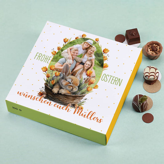 Lindt Pralinen zu Ostern mit Ihrem Foto, Blumen & Wunschtext