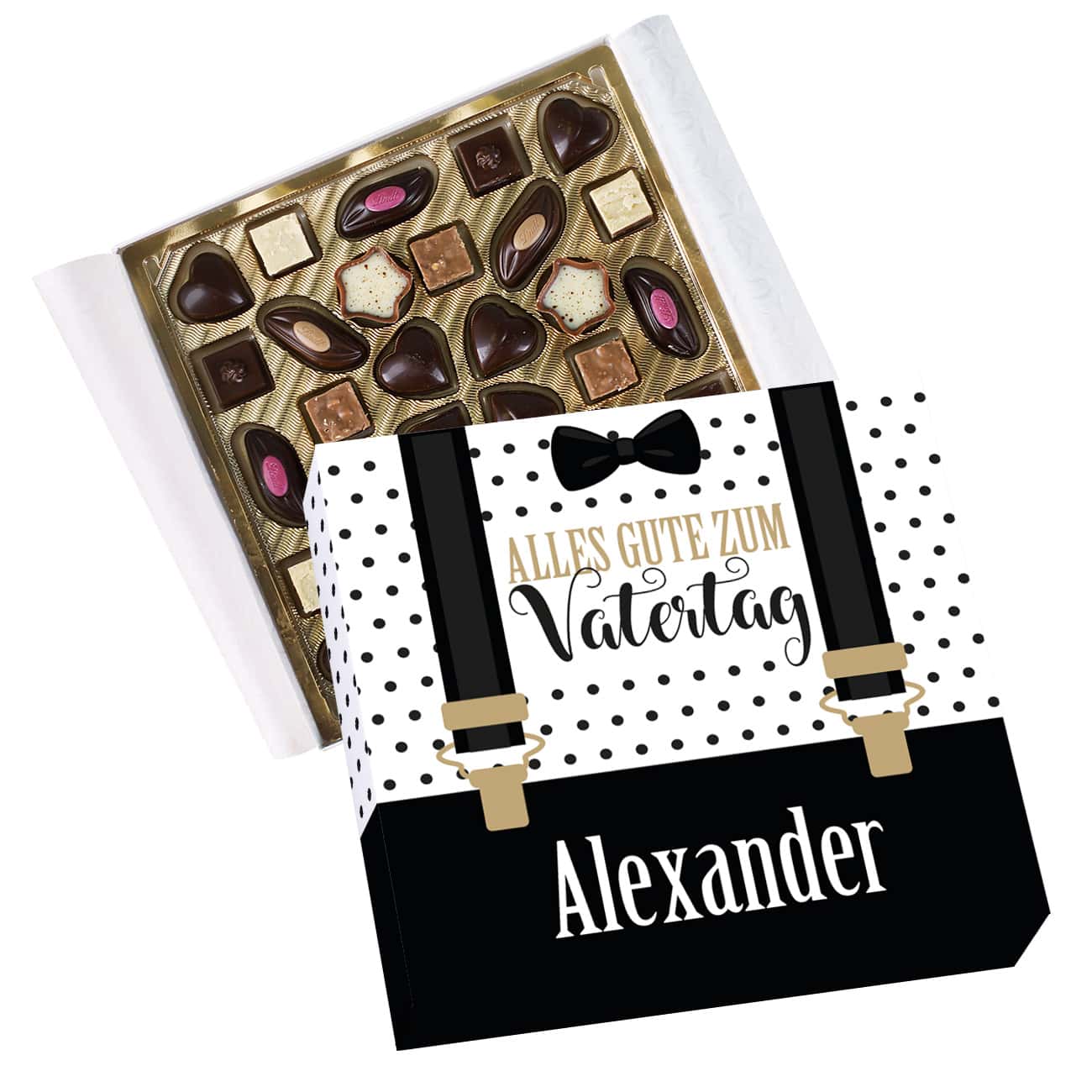 Kleine Lindt Pralinés zum Vatertag mit Hosenträger Motiv und Name