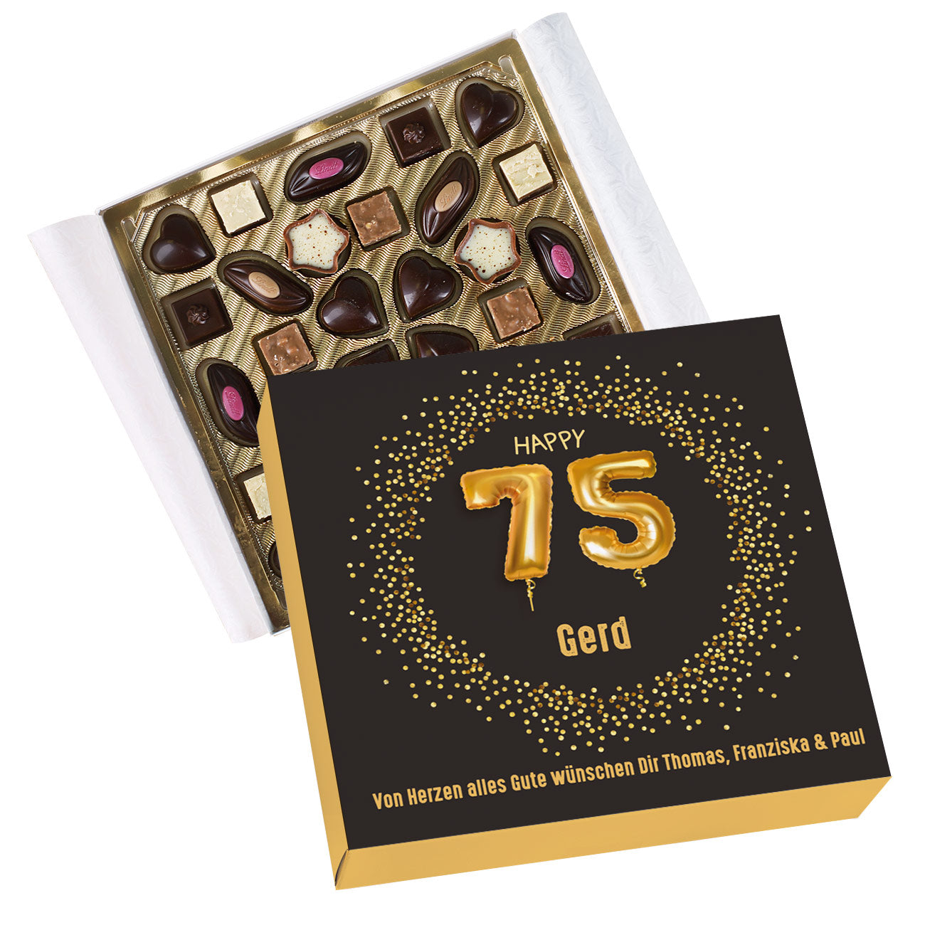 Happy 75 - Lindt Pralinen mit Name und kurzen Wunschtext zum 75. Geburtstag