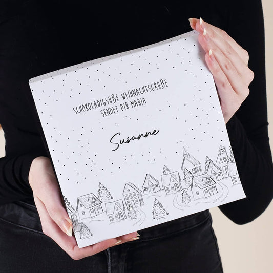 32 Lindt Mini Pralinen mit verschneiter Stadt, Text und Name bedruckt