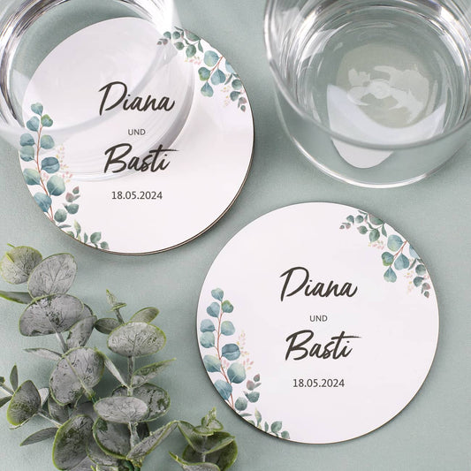30 Pappuntersetzer gestaltet mit Namen, Datum & Eukalyptus-Motiv