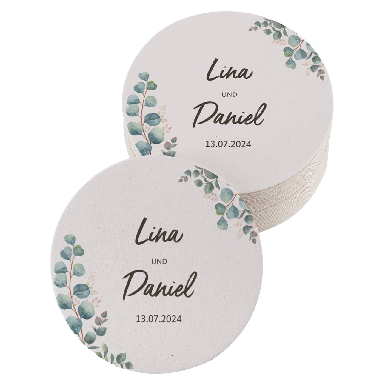 Runde Untersetzer aus Pappe zur Hochzeit mit Personalisierung
