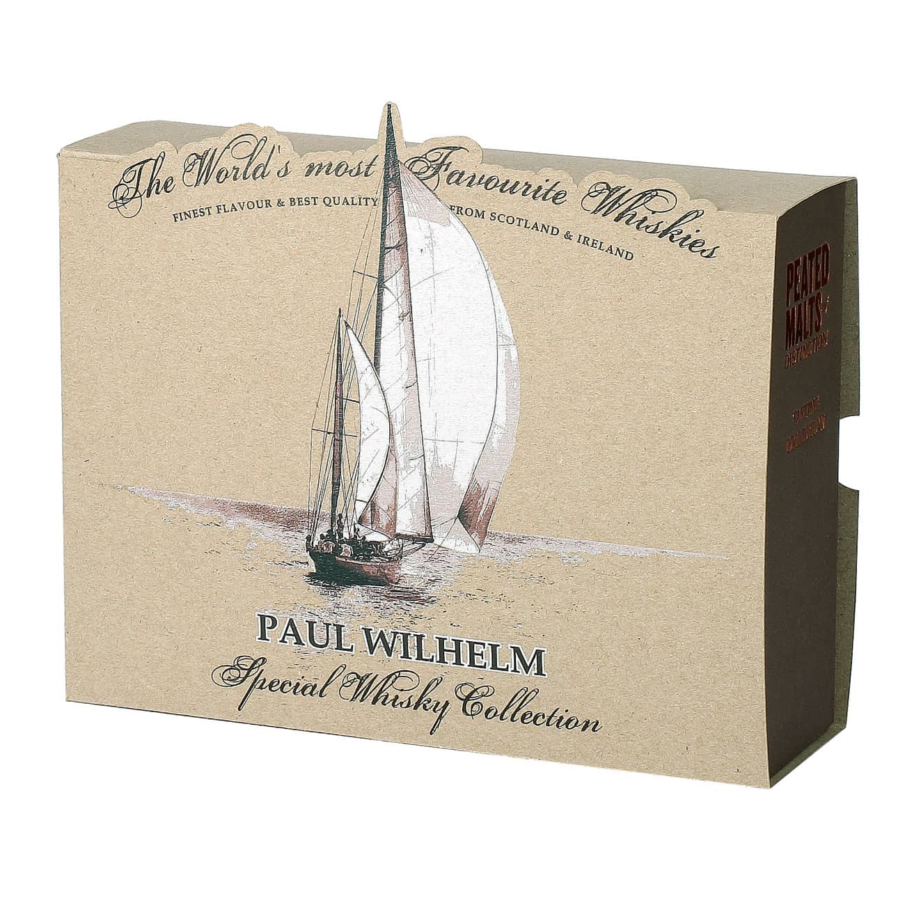 Wunschname wird zusammen mit Segelboot auf Geschenkverpackung der Whisky-Collection gedruckt
