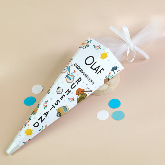 kleine Schultüte zum Renteneintritt mit Personalisierung und "Glückwunsch zum Ruhestand" als Geschenkidee für Rentner