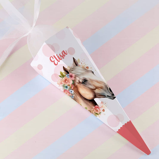 Geschwister-Schultüte mit Pferd, Blumen, Punkten und Name, 28 cm