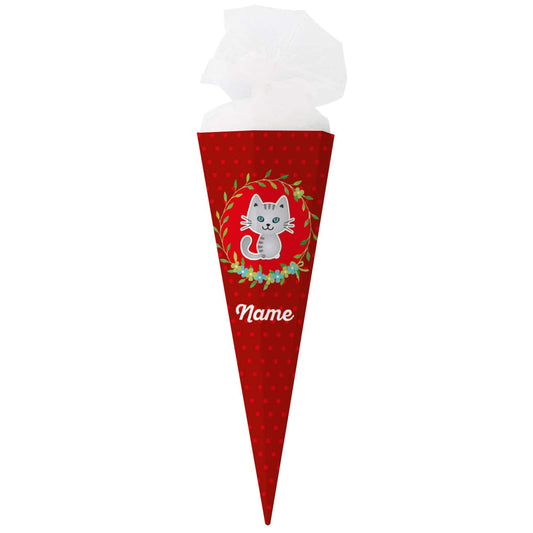 Katzen-Schultüte mit roten Punkten und Name