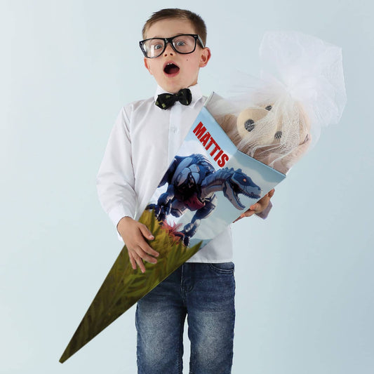 Schultüte mit außergewöhnlichem T-Rex in Roboter-Optik