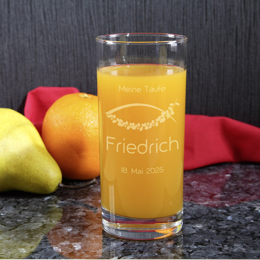 Trinkglas zur Kommunion, Konfirmation, Taufe mit Name, Datum & Text graviert